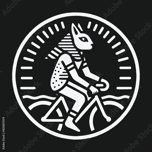 Ancient Egyptian God Anubis Riding a Bicycle Vector Logo.