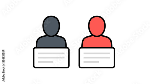 Two Speakers or Candidates Comparison Icon. Vector illustration of avatars behind podiums or information panels, representing debate, voting, or user roles.
