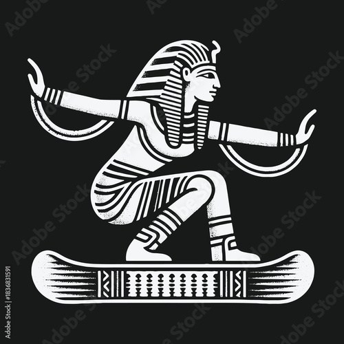 Ancient Egyptian Pharaoh Snowboarding on a Decorated Board Graphic Illustration.