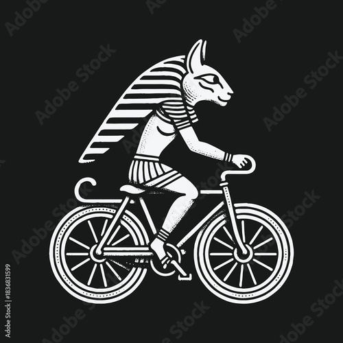 Surreal Linocut of Egyptian Cat Goddess Bastet Cycling on a Bicycle.