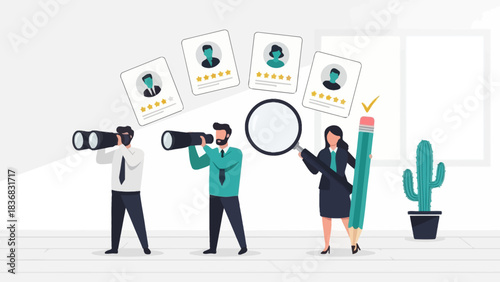 Recruitment Process Illustration: HR Team Evaluating Candidates Resumes and Qualifications with Search Tools
