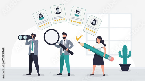 Recruitment Process Vector Illustration. HR Team Searching, Assessing, and Selecting the Best Candidate Talent Profiles.