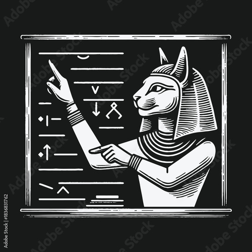 Ancient Egyptian Cat Goddess Bastet Teaching Hieroglyphs Illustration.