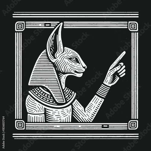 Ancient Egyptian Goddess Bastet with Cat Head Pointing Finger Illustration.