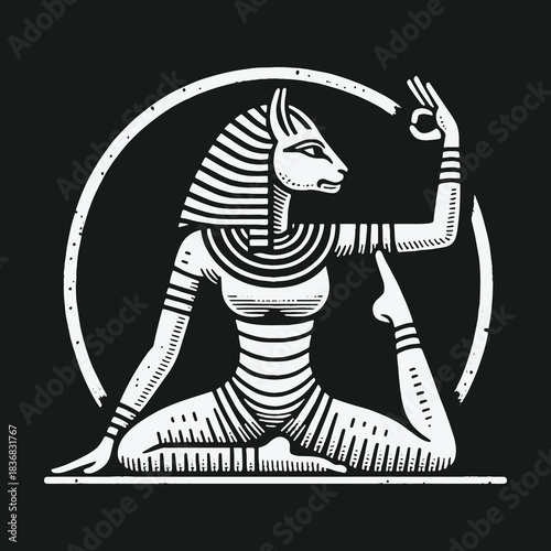 Ancient Egyptian Cat Goddess Bastet Meditating in a Yoga Pose.