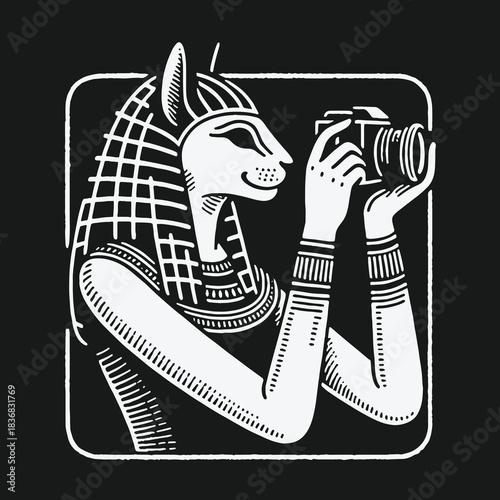 Ancient Egyptian Cat Goddess Bastet Holding a Modern Camera.