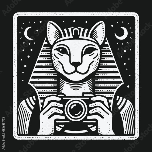 Ancient Egyptian Cat Pharaoh Holding a Vintage Camera Illustration.
