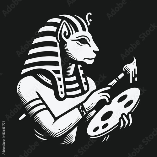 Ancient Egyptian cat goddess Sekhmet as an artist painting.