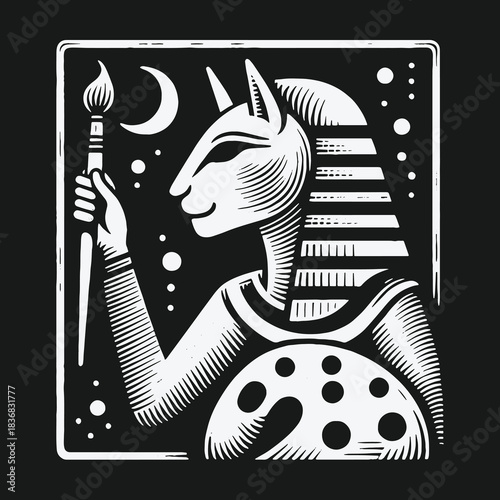 Ancient Egyptian jackal god as a creative artist with a flaming paintbrush and palette.