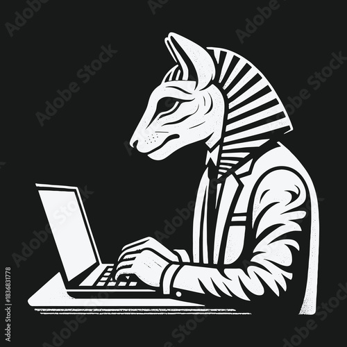 Mythical Egyptian Cat Deity in a Suit Working on a Laptop.