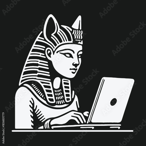 Ancient Egyptian Pharaoh Working on a Modern Laptop Computer Illustration.