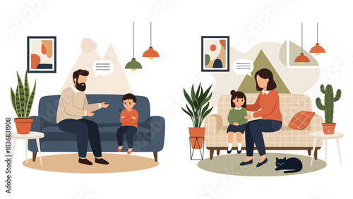 Family communication scenes: Father talking to sad son and mother comforting daughter. Parenting and child relationship vector illustration.