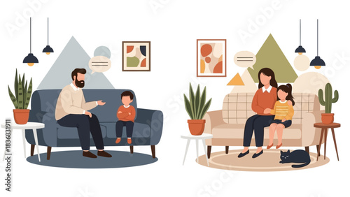 Co-Parenting Illustration: Divorced Parents with Children in Separate Households. Father Talking to Son and Mother Comforting Daughter