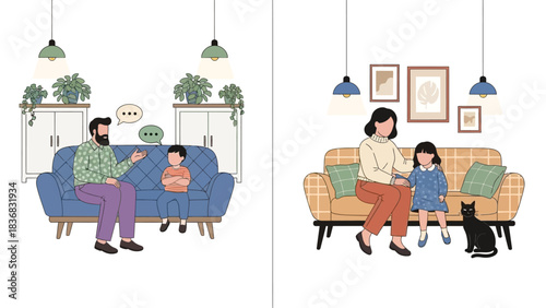 Modern Family Life Vector Illustration Set: Father Son Conversation and Mother Daughter Bonding Time with Pet Cat at Home