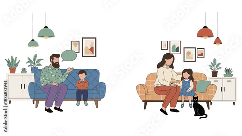 Family Dynamics Vector Illustration Set: Father Speaking to Upset Son and Mother Comforting Daughter in Cozy Home Interior Scenes