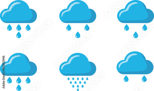 Set of six blue raining cloud weather icons with falling raindrops, representing various levels of precipitation or a rainy day forecast flat vector illustration, easy to edit