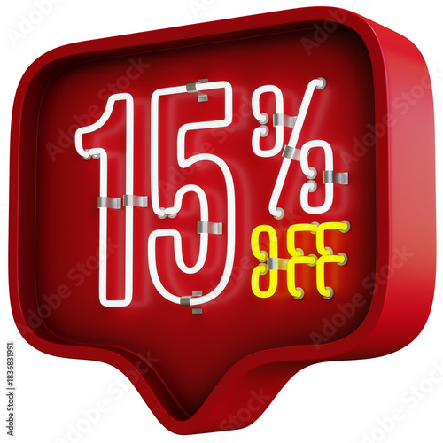 3D Flickering Animation of 15 Percent Off Neon Discount Sign Inside a Red Bubble Balloon