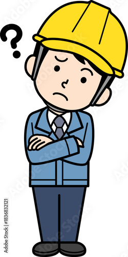 疑問に思うヘルメットをかぶった現場監督の男性