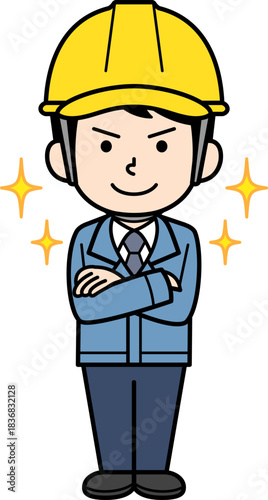 自信満々なヘルメットをかぶった現場監督の男性