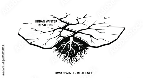 Strong roots anchor urban resilience against harsh winter conditions, symbolizing survival and growth.