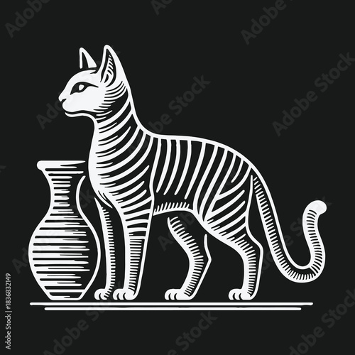 Ancient Egyptian cat illustration in a black and white woodcut style.