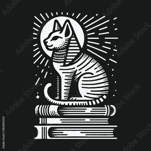 Egyptian Pharaoh Cat God Sitting on Books Illustration.