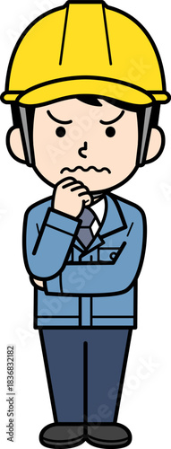 悩んでいるヘルメットをかぶった現場監督の男性