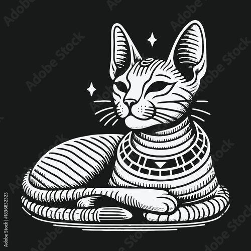 Regal Egyptian cat illustration in a bold linocut style.