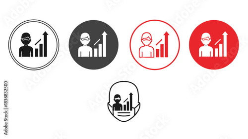 Business Growth and Performance Icon Set with Person Wearing Face Mask and Upward Trending Graph