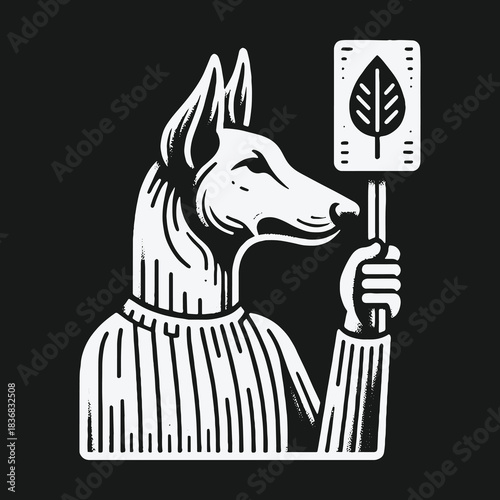 A graphic black and white illustration of a dog holding an environmental leaf sign.