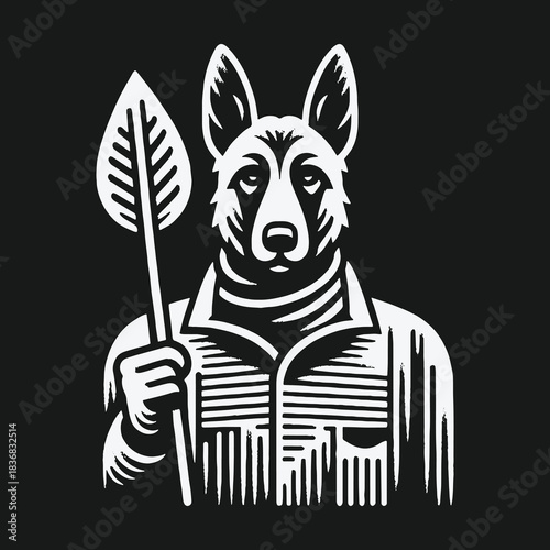 Black and white illustration of an anthropomorphic dog warrior holding a leaf spear.