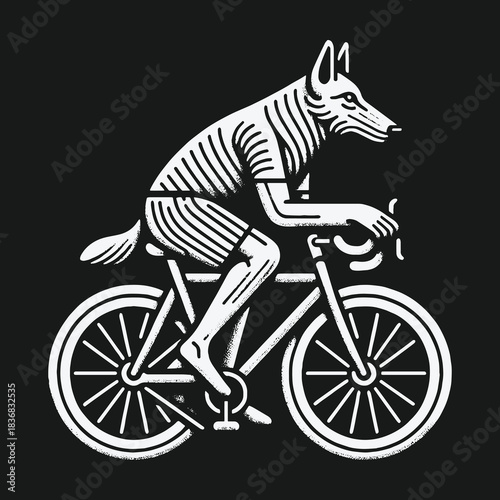 Monochrome graphic illustration of an anthropomorphic wolf riding a bicycle.