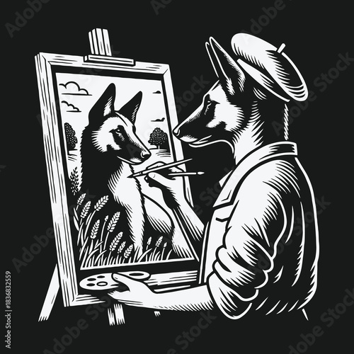 An anthropomorphic dog artist in a beret painting a portrait.