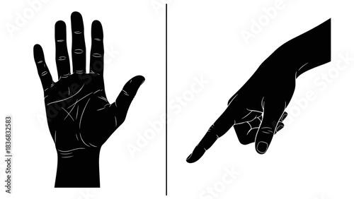 Black Silhouette Vector Illustration Set of Open Hand Palm and Pointing Index Finger Gesture