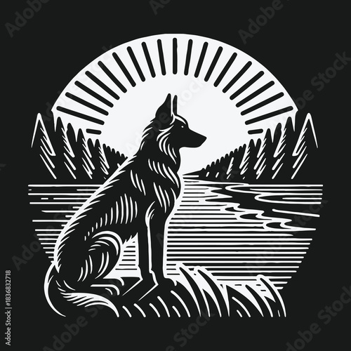 Dog sitting by a river at sunrise in a woodcut style illustration.