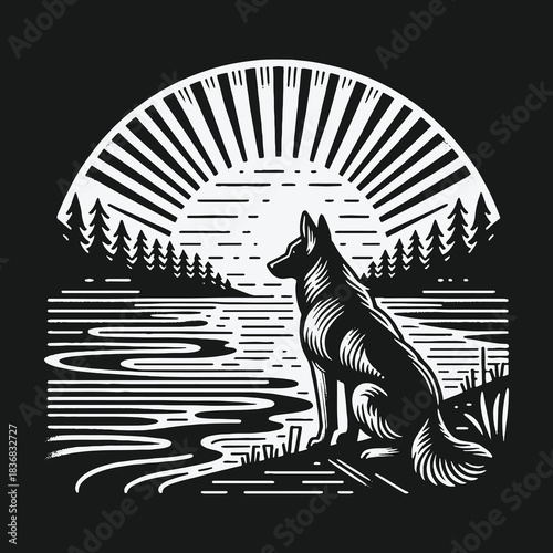 A lone dog watches the sunrise over a tranquil forest lake in a woodcut style.