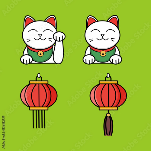 A cheerful pair of white Maneki Neko cats with welcoming paws and two red Chinese lanterns on a vivid green background. Perfect for festivity, luck, and prosperity themes in marketing materials.