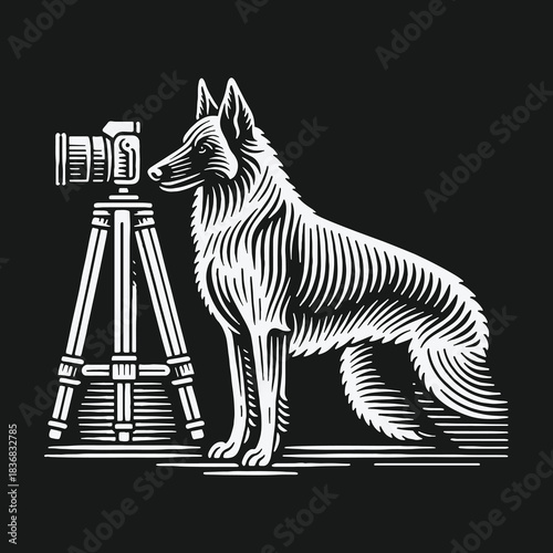 Engraving style illustration of a German Shepherd dog with a camera.