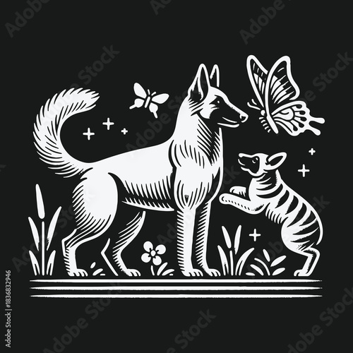 Monochrome linocut style illustration of a dog and puppy with butterflies.