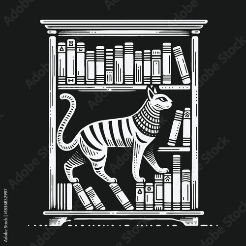 Ancient Egyptian Cat Walking on Books in a Library Bookshelf Illustration.