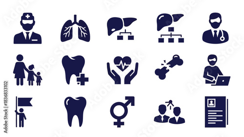Medical and Health Care Glyph Icons Set - Doctor, Lungs, Liver, Tooth, Broken Bone, Cardiology, Family, and Administration Vector Illustration