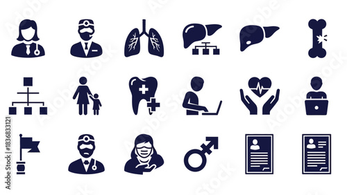 Healthcare and Medical Icons Set - Vector Illustration of Doctors, Organs, Dental Care, and Patient Records