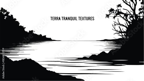 Serene black and white landscape with water and trees