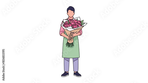 Male Florist Holding a Large Bouquet of Pink Peonies Wrapped in Craft Paper