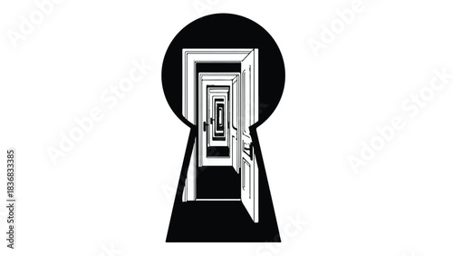 Endless doors receding into darkness through a keyhole, symbolizing opportunity and mystery.