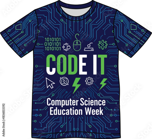 Vibrant blue t shirt featuring code it and computer science education week graphics, Generative Ai