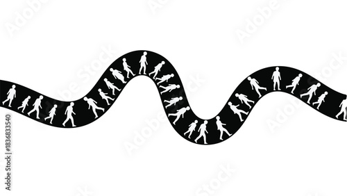 Silhouettes of people walking in a wavy line, symbolizing journey and progress