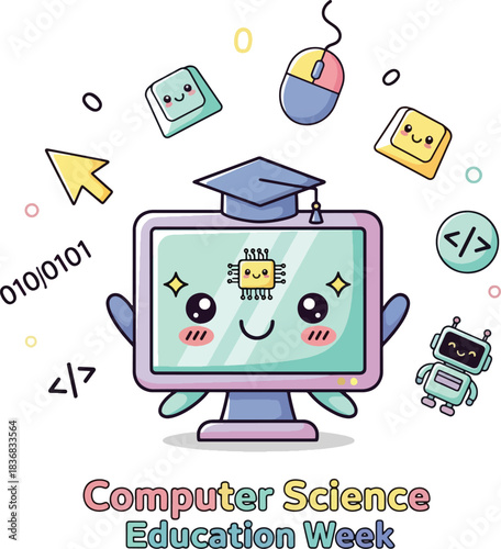 Adorable kawaii computer monitor with graduation cap celebrates computer science education week fun, Generative Ai