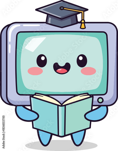 Adorable cartoon computer character wearing a graduation cap and enthusiastically reading a book about computer science, Generative Ai