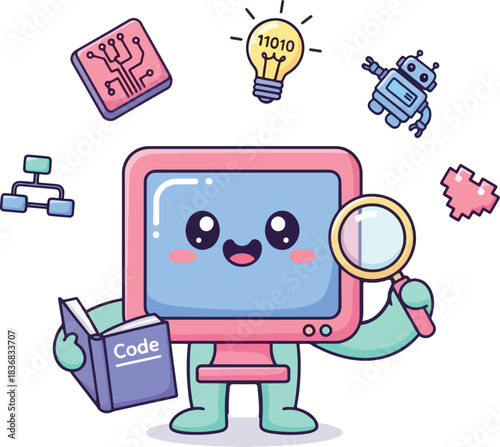 Adorable kawaii computer character celebrating computer science education week with educational symbols, Generative Ai